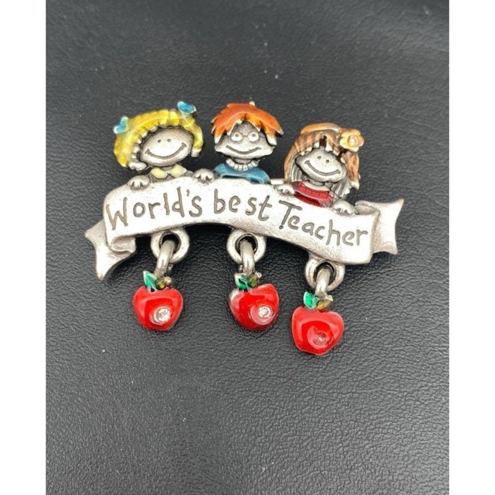 Vintage NOS AJMC Brooch Metal Enamel World's Best Teacher Children Apples Gift